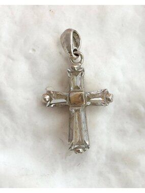 Cross Shaped Rhinestone Accented 925 Sterling Silver Vintage Pendant | Charm